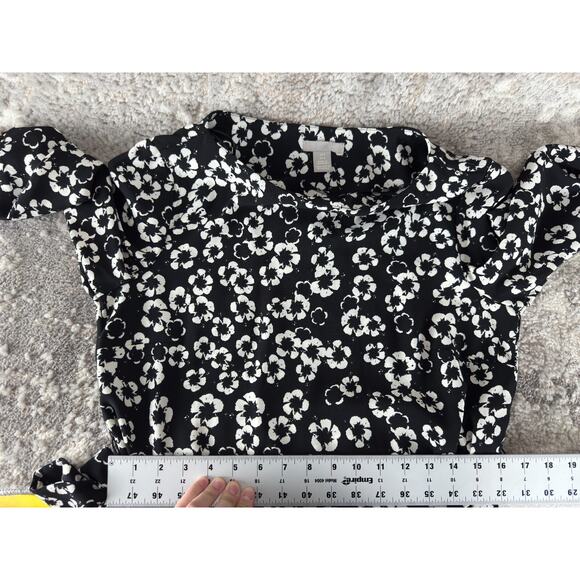 H&M Size 8 Floral Print 3/4 Sleeve Tie Knee Length Shift Dress Black White - Picture 6 of 10